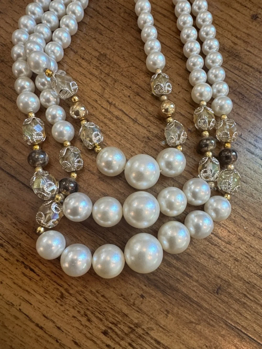 Elegant Multi-Strand Pearl and Crystal Necklace - Cream & Gold | Made In Japan